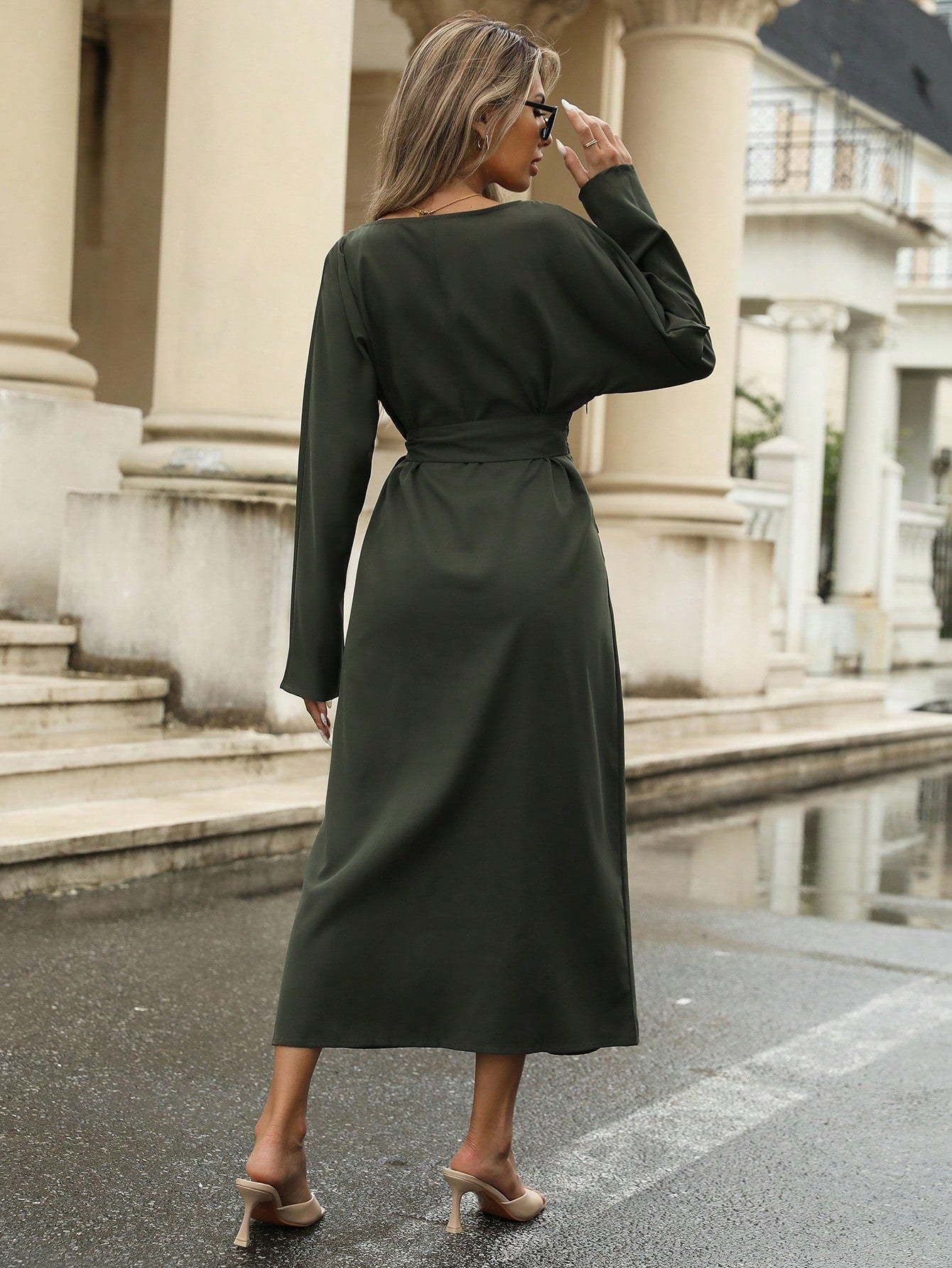 Shein Aveloria Modichic Cross Waist Slim Retro High-End 2 In 1 Lapel Long Sleeve Dress
