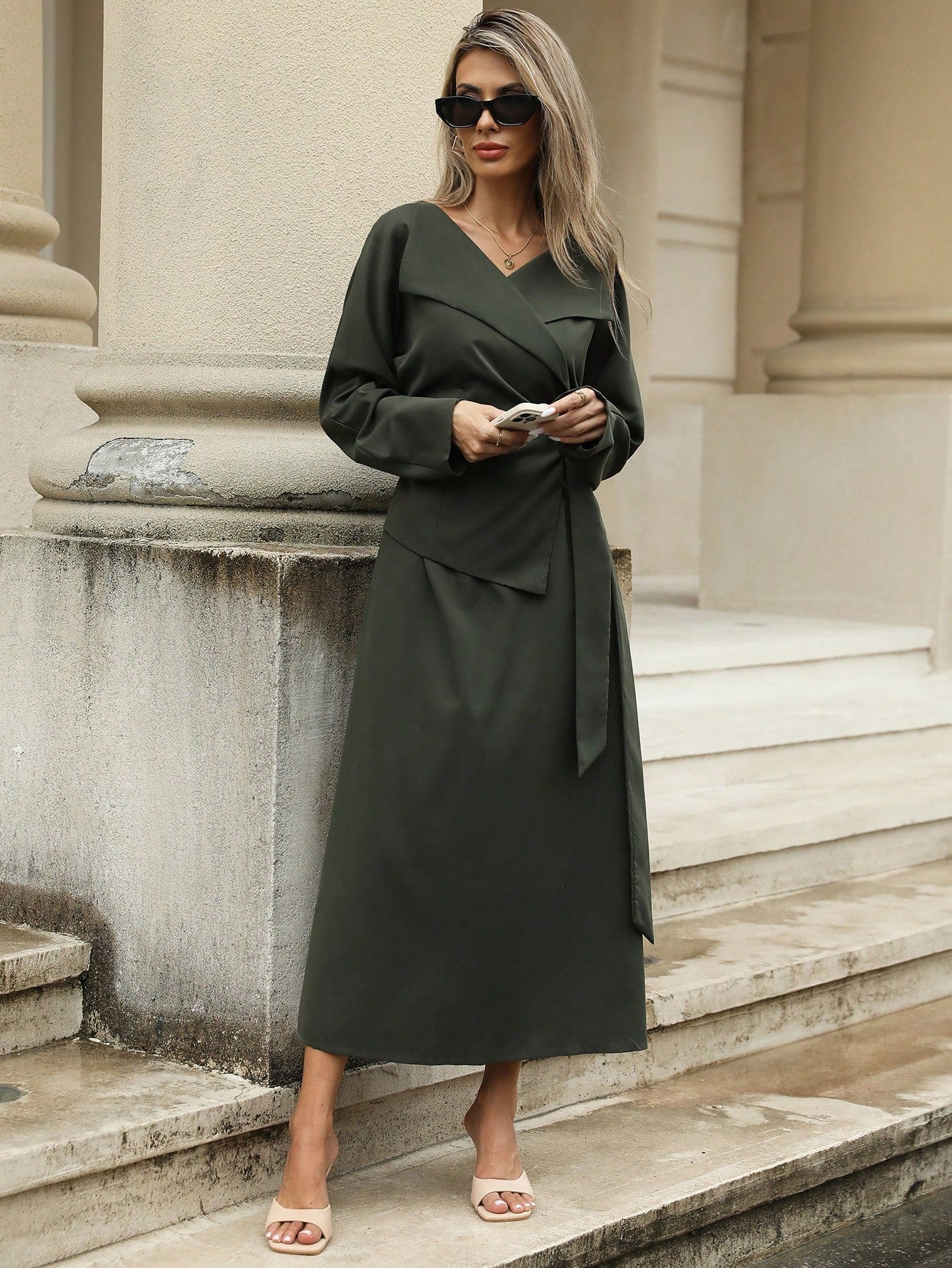 Shein Aveloria Modichic Cross Waist Slim Retro High-End 2 In 1 Lapel Long Sleeve Dress