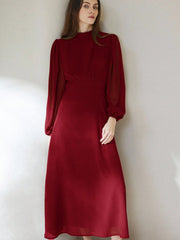 Chiffon Pleated Front Waist Cinched Long Sleeve Dress