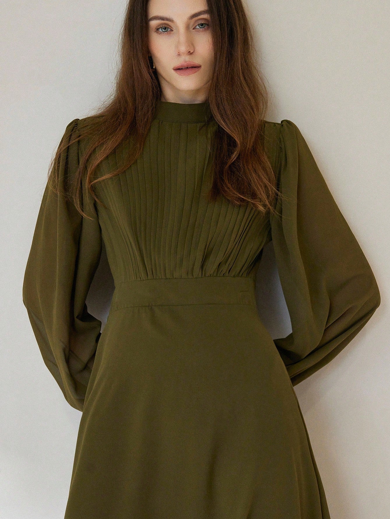 Chiffon Pleated Front Waist Cinched Long Sleeve Dress