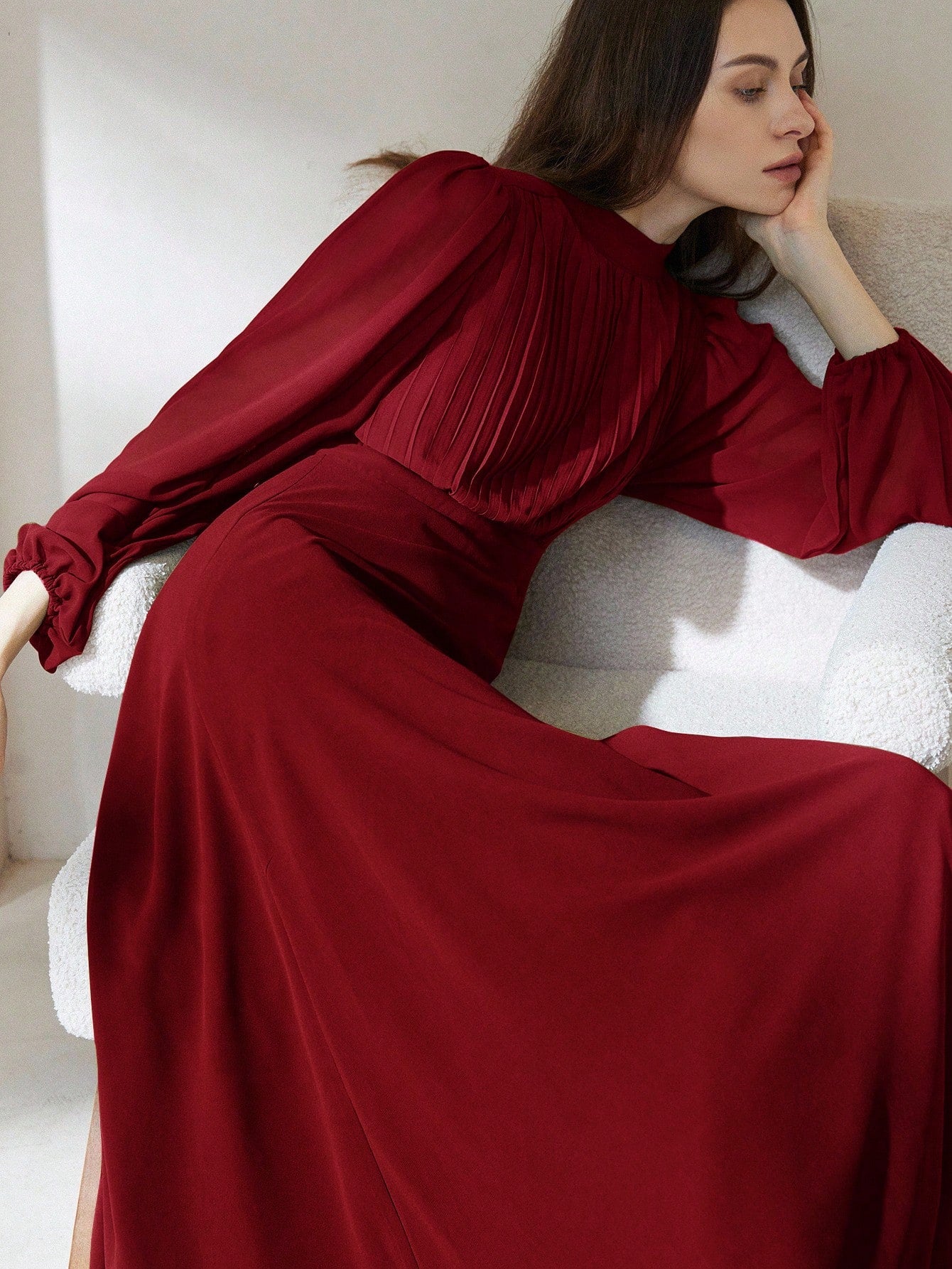Chiffon Pleated Front Waist Cinched Long Sleeve Dress