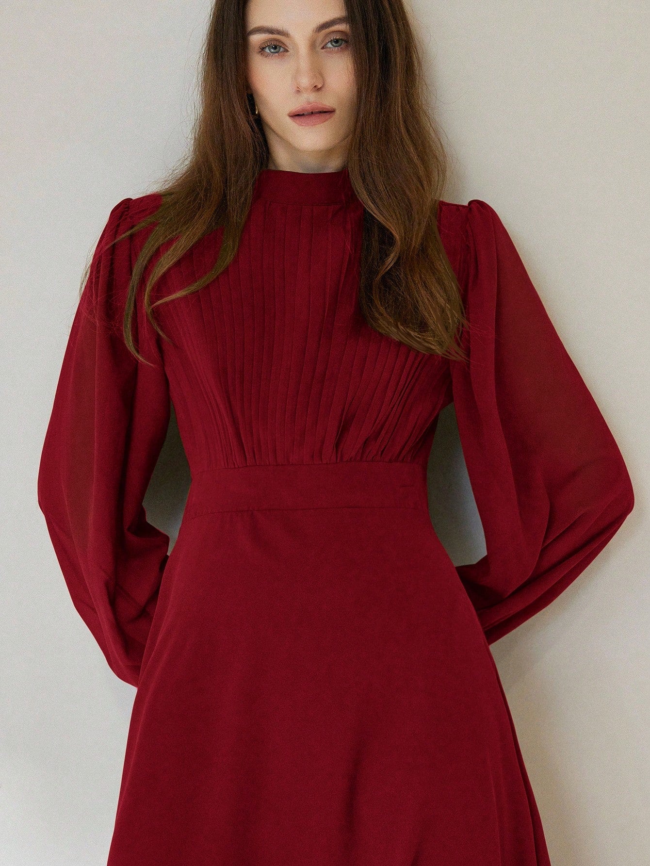 Chiffon Pleated Front Waist Cinched Long Sleeve Dress