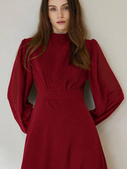 Chiffon Pleated Front Waist Cinched Long Sleeve Dress