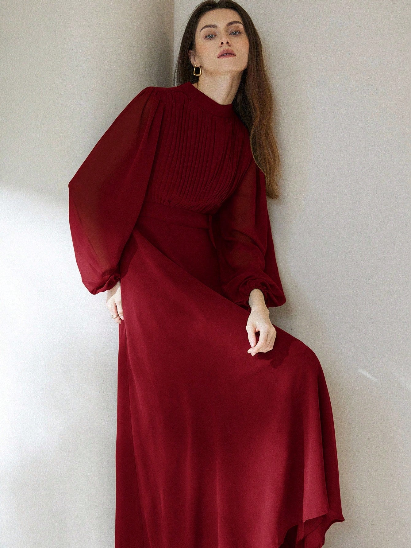 Chiffon Pleated Front Waist Cinched Long Sleeve Dress