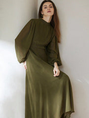 Chiffon Pleated Front Waist Cinched Long Sleeve Dress