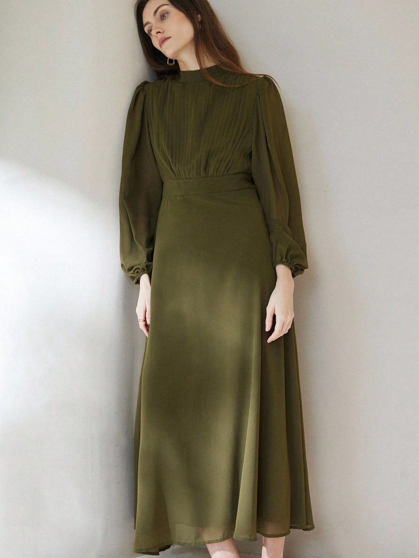 Chiffon Pleated Front Waist Cinched Long Sleeve Dress