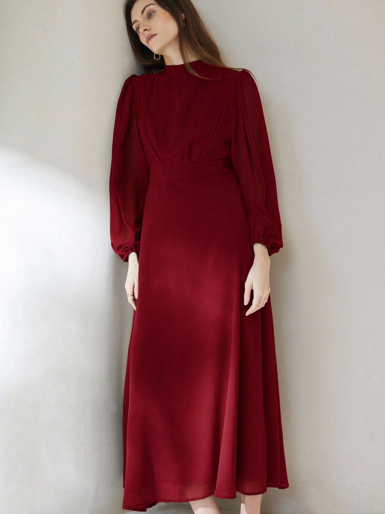 Chiffon Pleated Front Waist Cinched Long Sleeve Dress