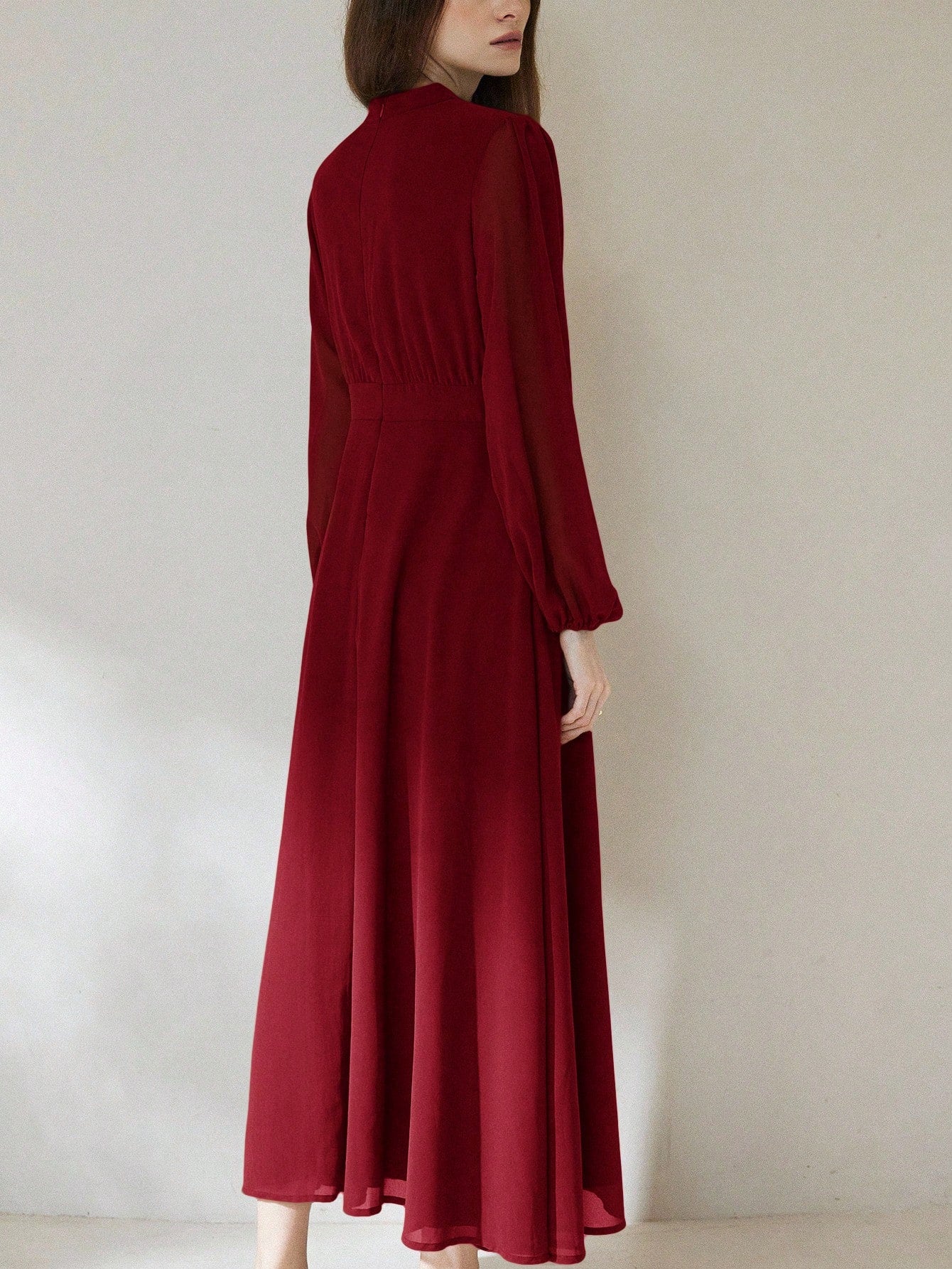 Chiffon Pleated Front Waist Cinched Long Sleeve Dress