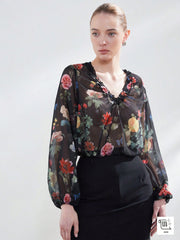 Shein Aveloria Modichic Women's V-Neck Floral Print Patchwork Ruffled Chiffon Long Sleeve Cropped Blouse