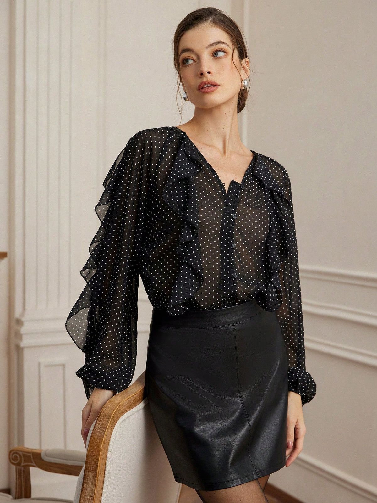 Shein Aveloria Rosie Elegant Vintage Polka Dot Textured Chiffon Ruffle Puff Sleeve Loose Blouse