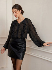 Shein Aveloria Rosie Elegant Vintage Polka Dot Textured Chiffon Ruffle Puff Sleeve Loose Blouse