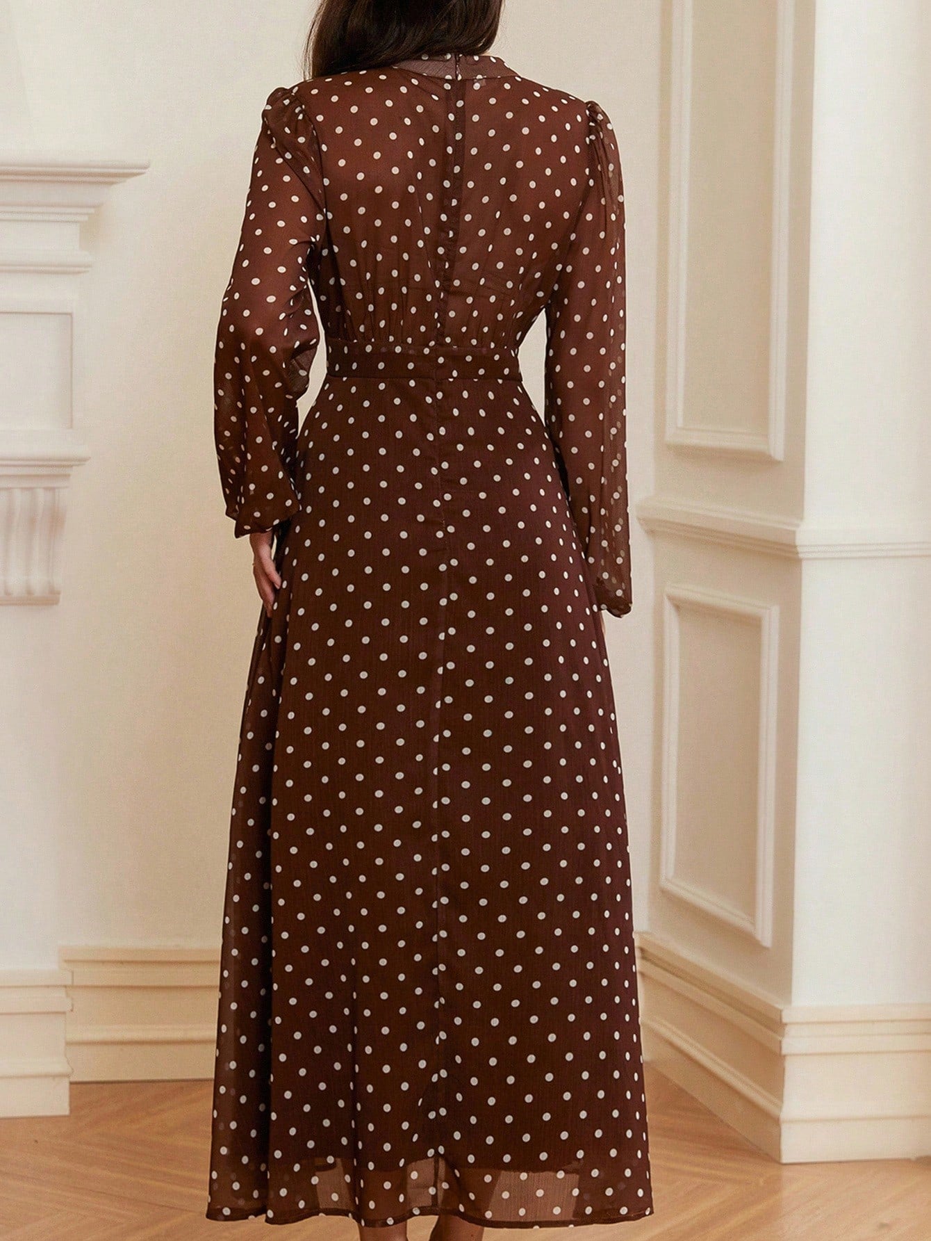 Vintage Elegant High Waist Chiffon Pleated Front Long Sleeve Dress