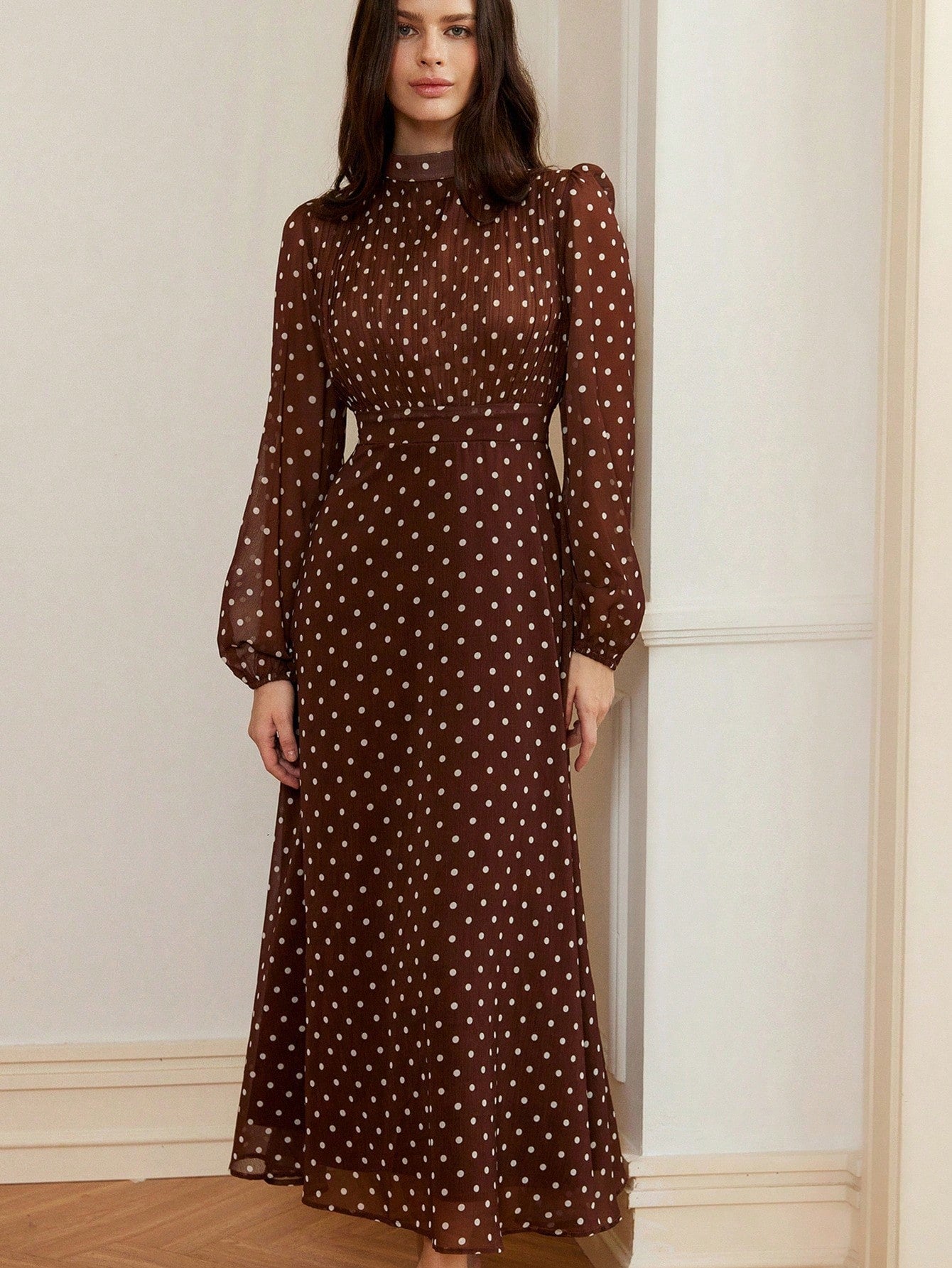 Vintage Elegant High Waist Chiffon Pleated Front Long Sleeve Dress