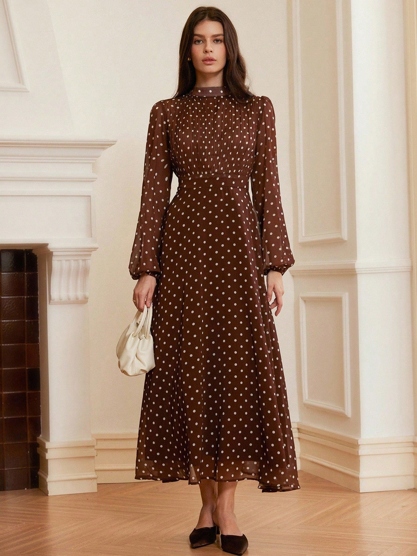 Vintage Elegant High Waist Chiffon Pleated Front Long Sleeve Dress