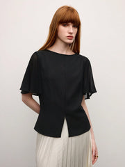 Shein BizChic Women's Elegant Casual Work Date Commuter Vacation Wedding Season Easter Black Round Neck Ruffle Sleeve Chiffon Patchwork Short Sleeve Blouse
