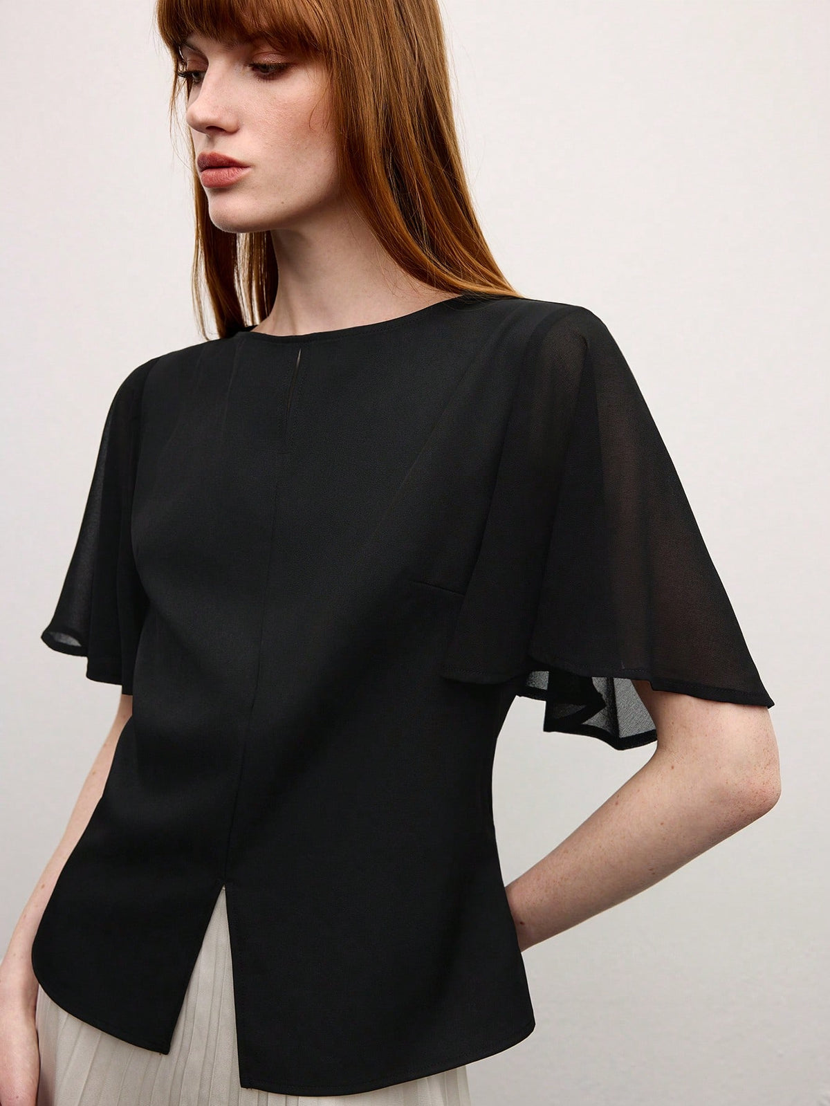 Shein BizChic Women's Elegant Casual Work Date Commuter Vacation Wedding Season Easter Black Round Neck Ruffle Sleeve Chiffon Patchwork Short Sleeve Blouse