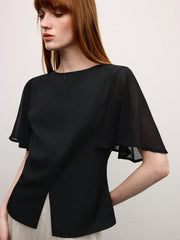 Shein BizChic Women's Elegant Casual Work Date Commuter Vacation Wedding Season Easter Black Round Neck Ruffle Sleeve Chiffon Patchwork Short Sleeve Blouse