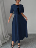 Shein Calvaya Elegant Color Block Bow Decor Round Neck Waist Cinched Short Sleeve Solid Color Dress