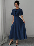 Shein Calvaya Elegant Color Block Bow Decor Round Neck Waist Cinched Short Sleeve Solid Color Dress