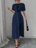 Shein Calvaya Elegant Color Block Bow Decor Round Neck Waist Cinched Short Sleeve Solid Color Dress