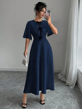 Shein Calvaya Elegant Color Block Bow Decor Round Neck Waist Cinched Short Sleeve Solid Color Dress