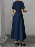 Shein Calvaya Elegant Color Block Bow Decor Round Neck Waist Cinched Short Sleeve Solid Color Dress