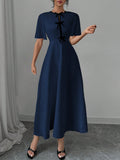 Shein Calvaya Elegant Color Block Bow Decor Round Neck Waist Cinched Short Sleeve Solid Color Dress