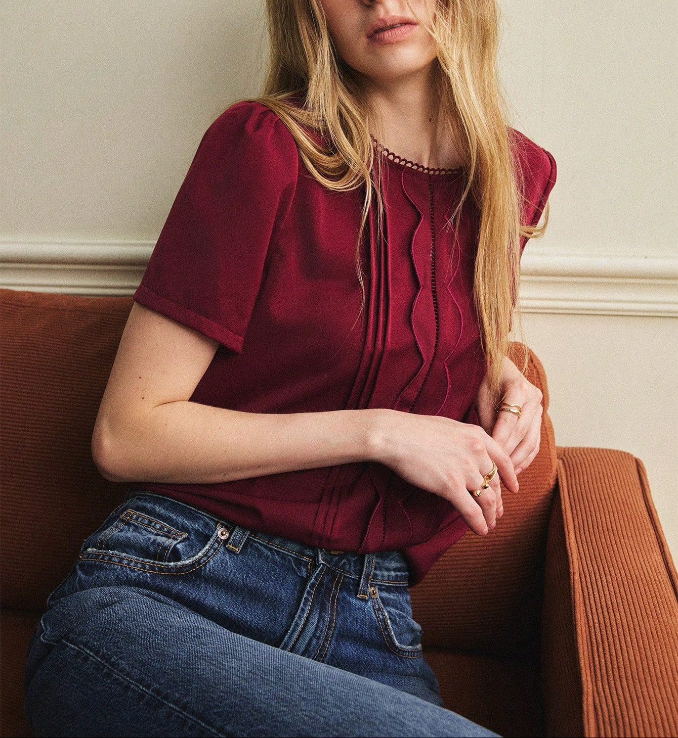 French-Style Round Neck Blouse With Lace Trim and Wavy Embroidery
