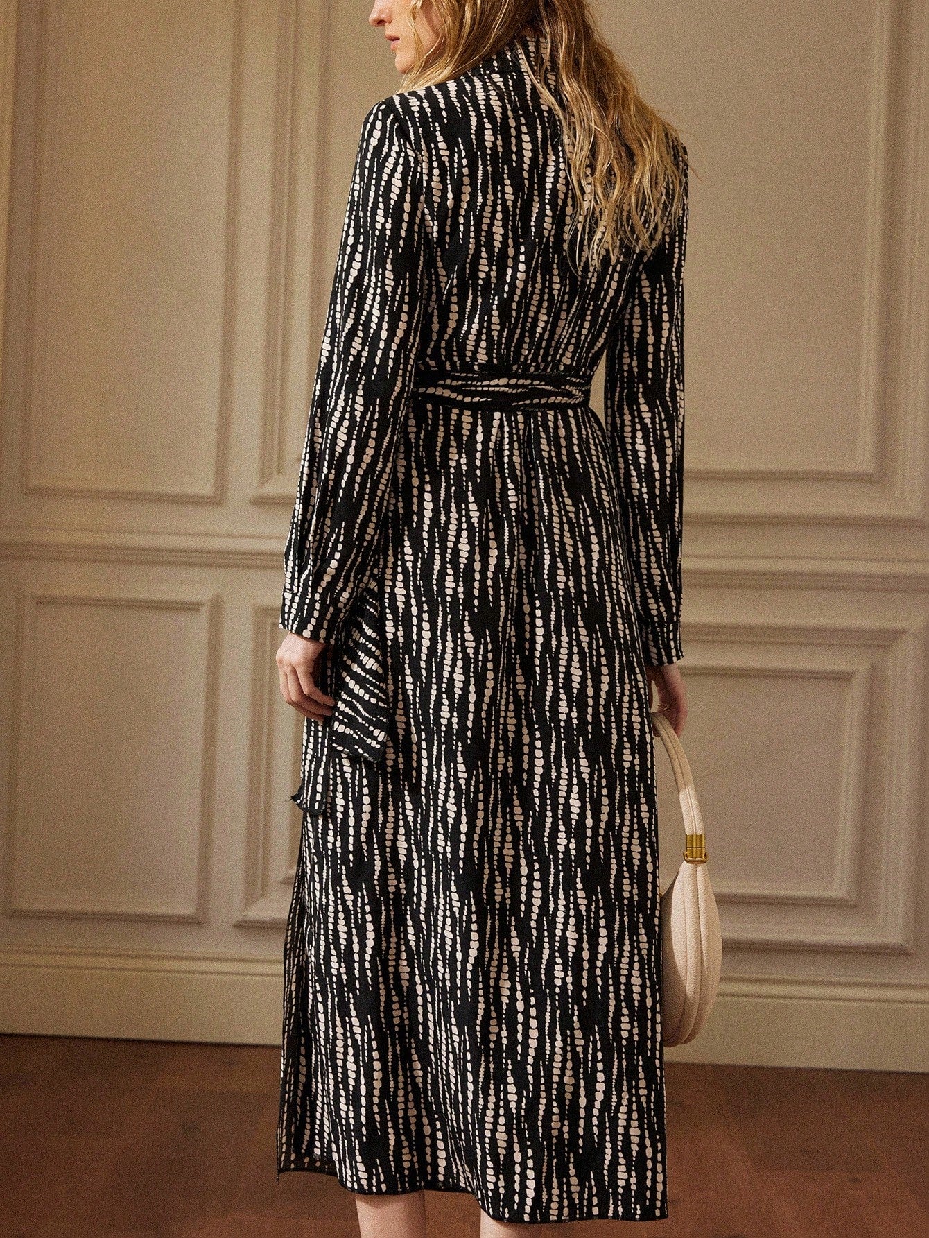 French Retro Casual Asymmetrical Polka Dot Print Cross V-Neck Cinched Waist Side Tie Slit Black Dress