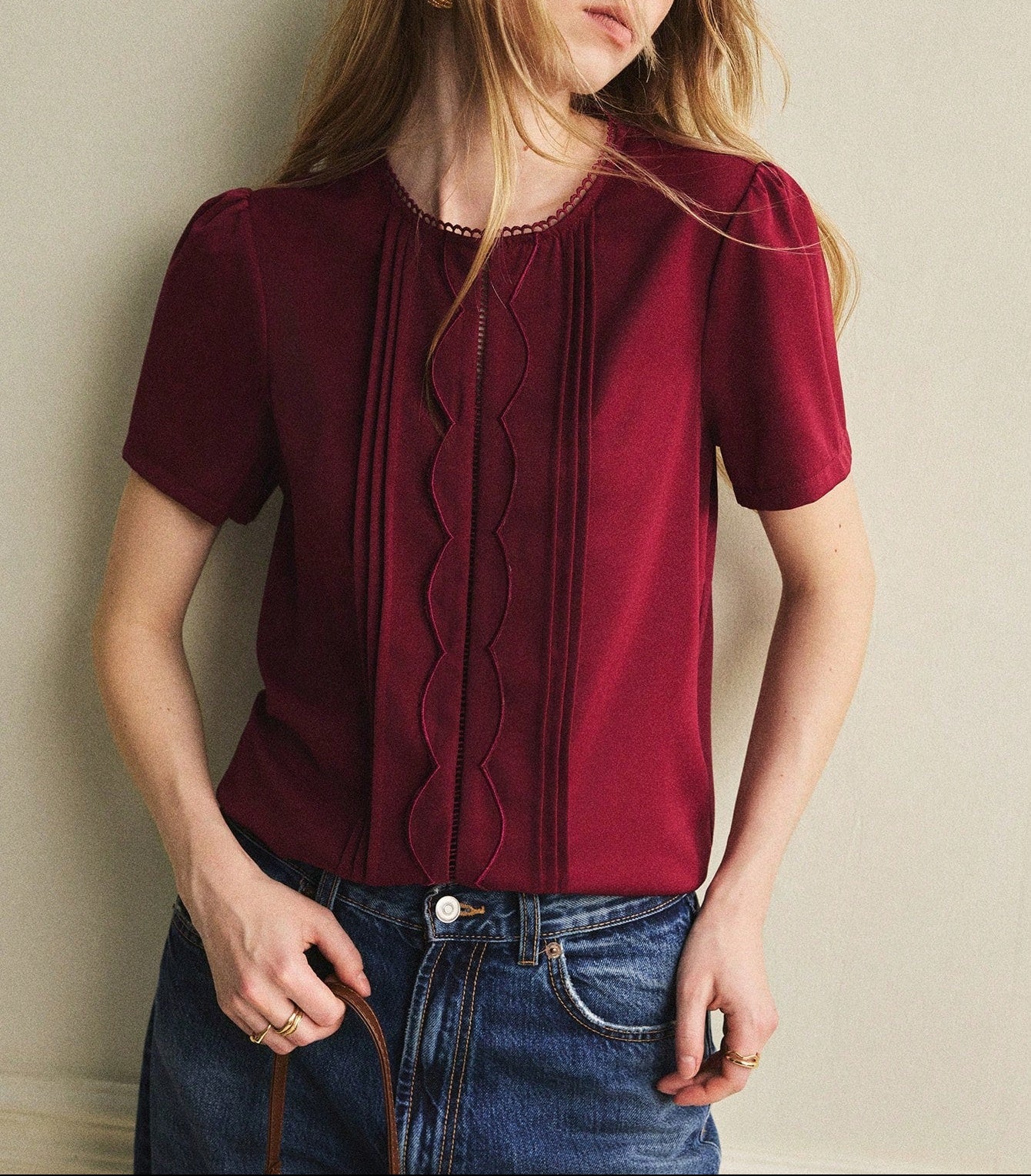 French-Style Round Neck Blouse With Lace Trim and Wavy Embroidery
