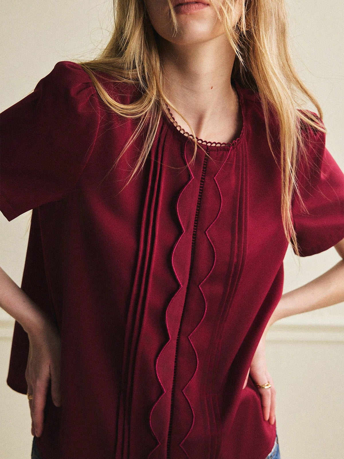 French-Style Round Neck Blouse With Lace Trim and Wavy Embroidery