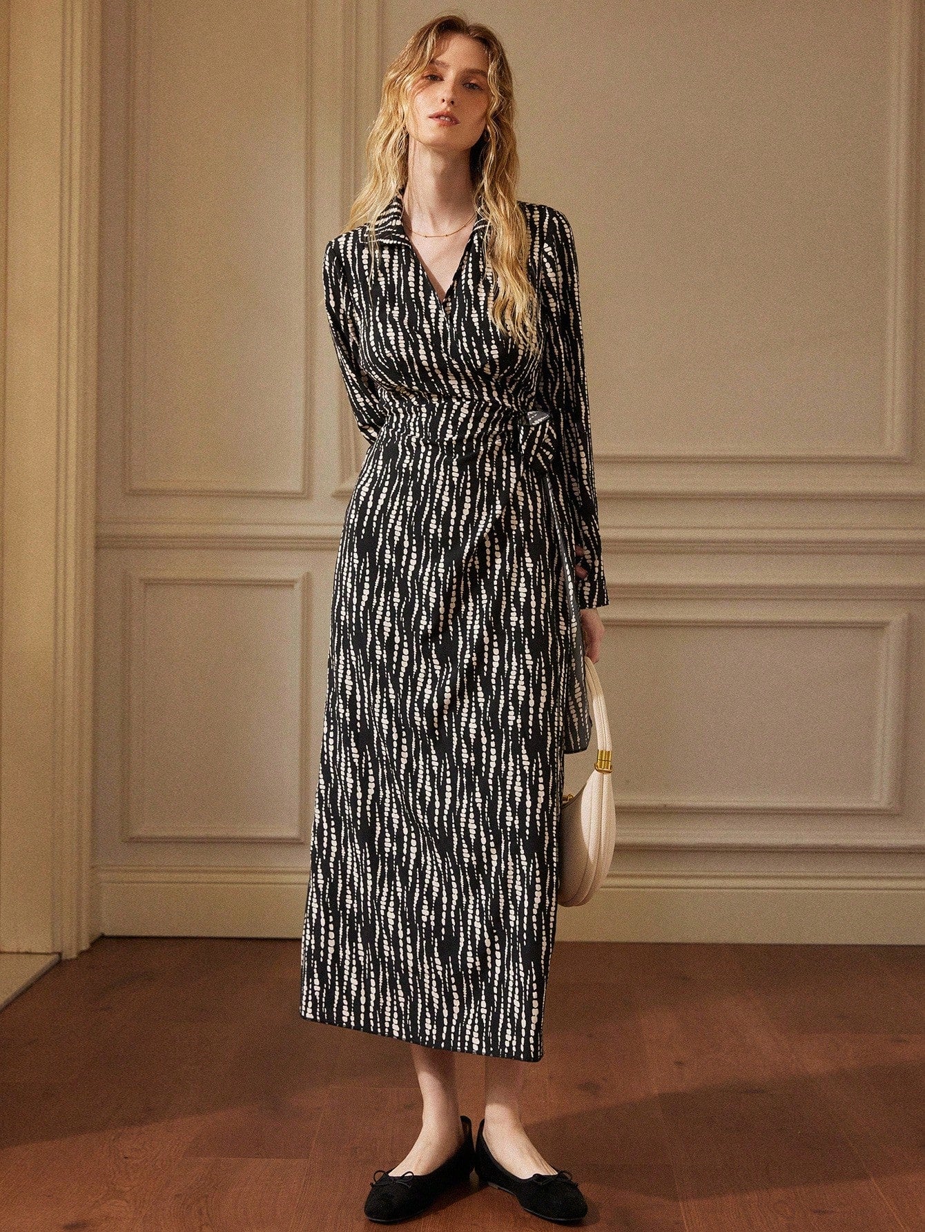 French Retro Casual Asymmetrical Polka Dot Print Cross V-Neck Cinched Waist Side Tie Slit Black Dress