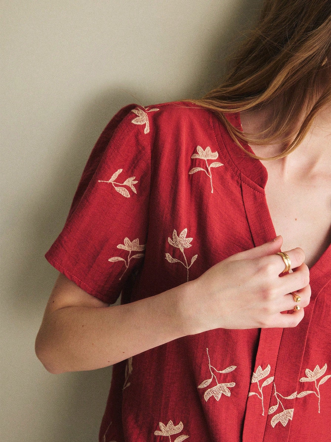 V-Neck Short-Sleeve Floral Embroidery Summer Shirt