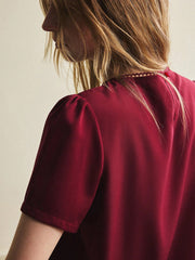 French-Style Round Neck Blouse With Lace Trim and Wavy Embroidery