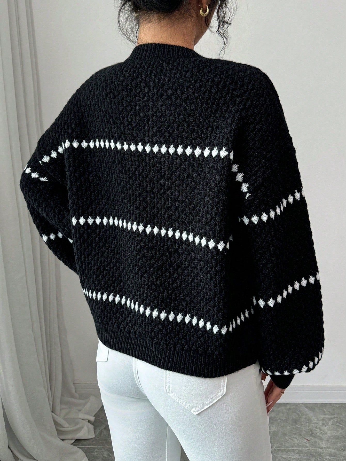 Shein Chiquease Loose Striped Print Crew Neck Casual Long Sleeve Women Sweater Knit Pullover