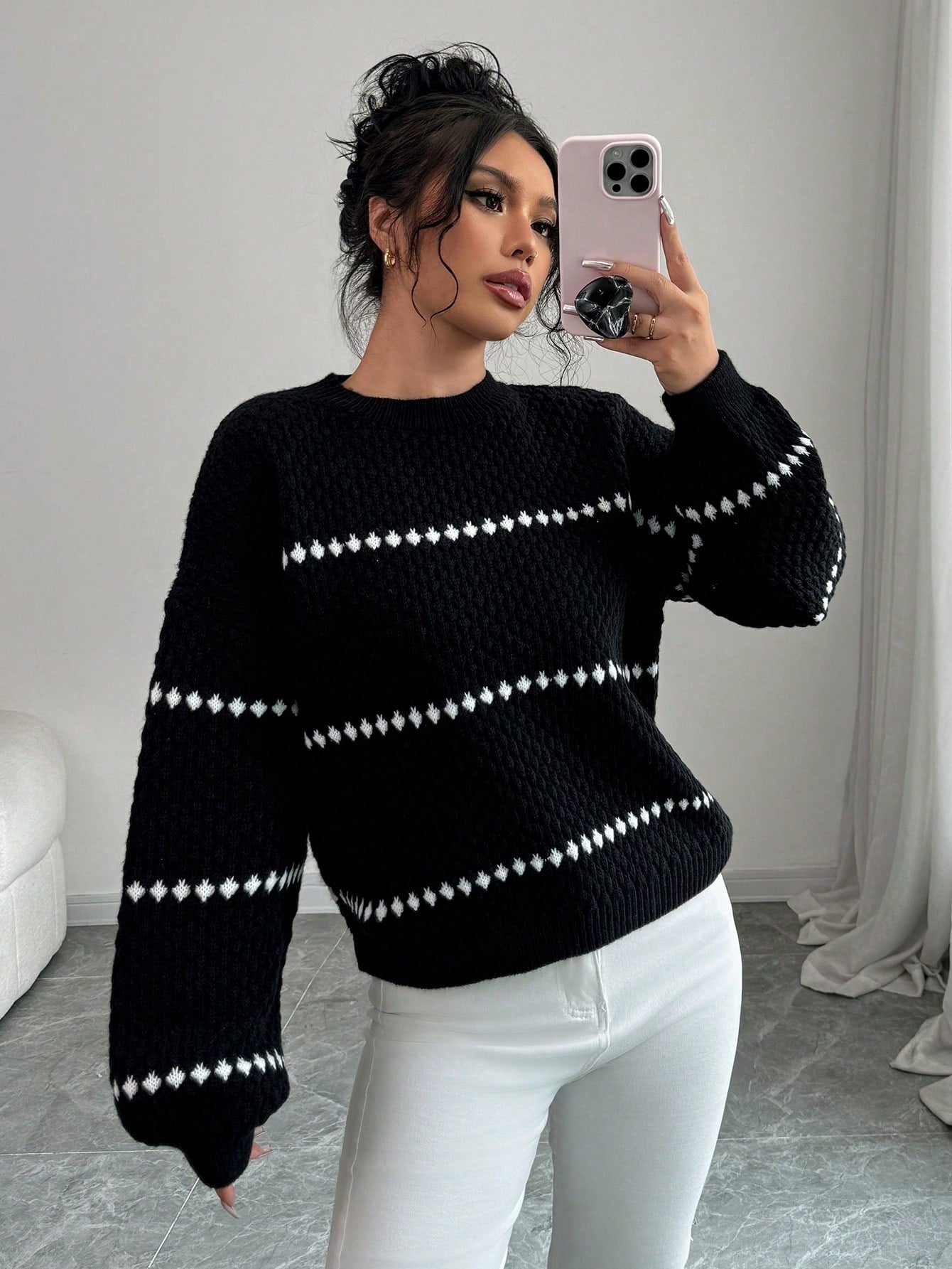 Shein Chiquease Loose Striped Print Crew Neck Casual Long Sleeve Women Sweater Knit Pullover