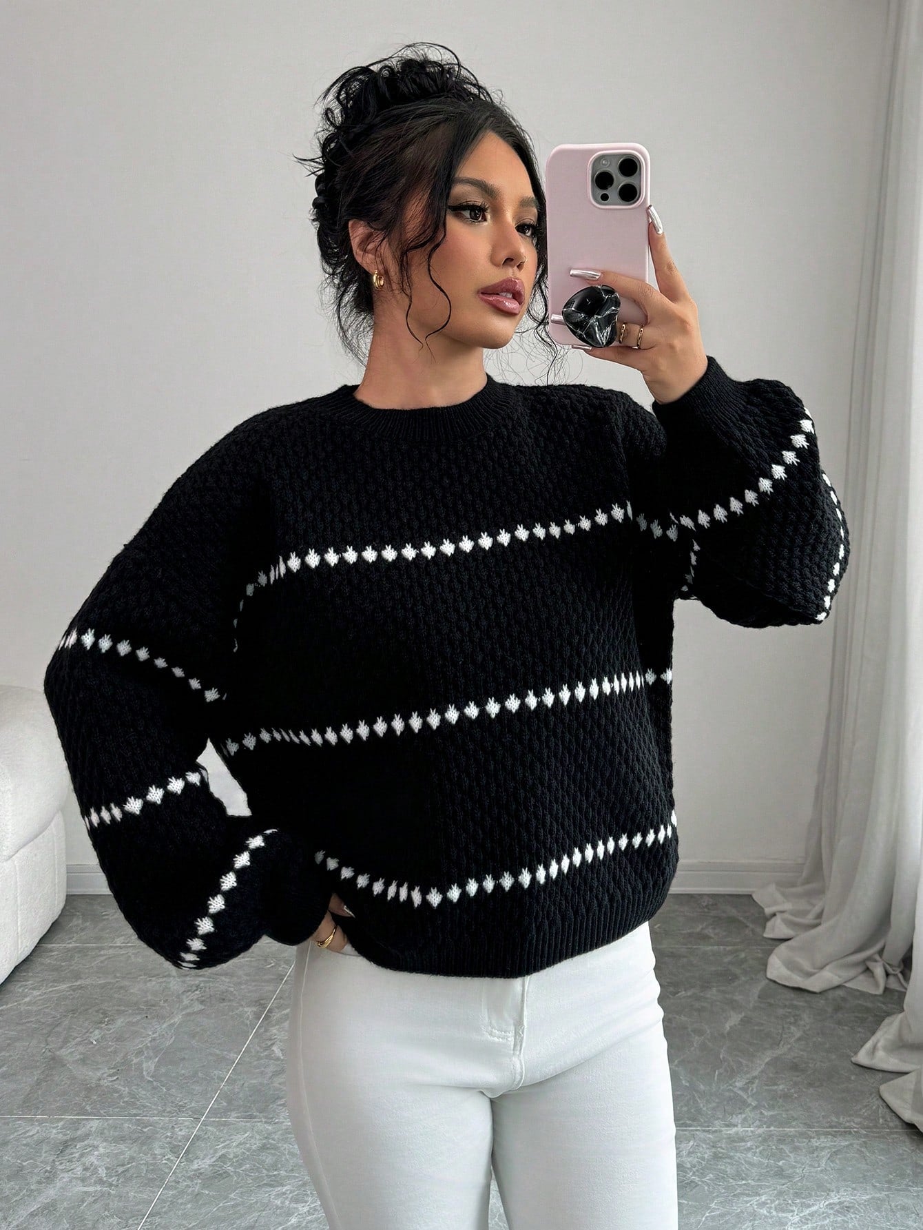 Shein Chiquease Loose Striped Print Crew Neck Casual Long Sleeve Women Sweater Knit Pullover