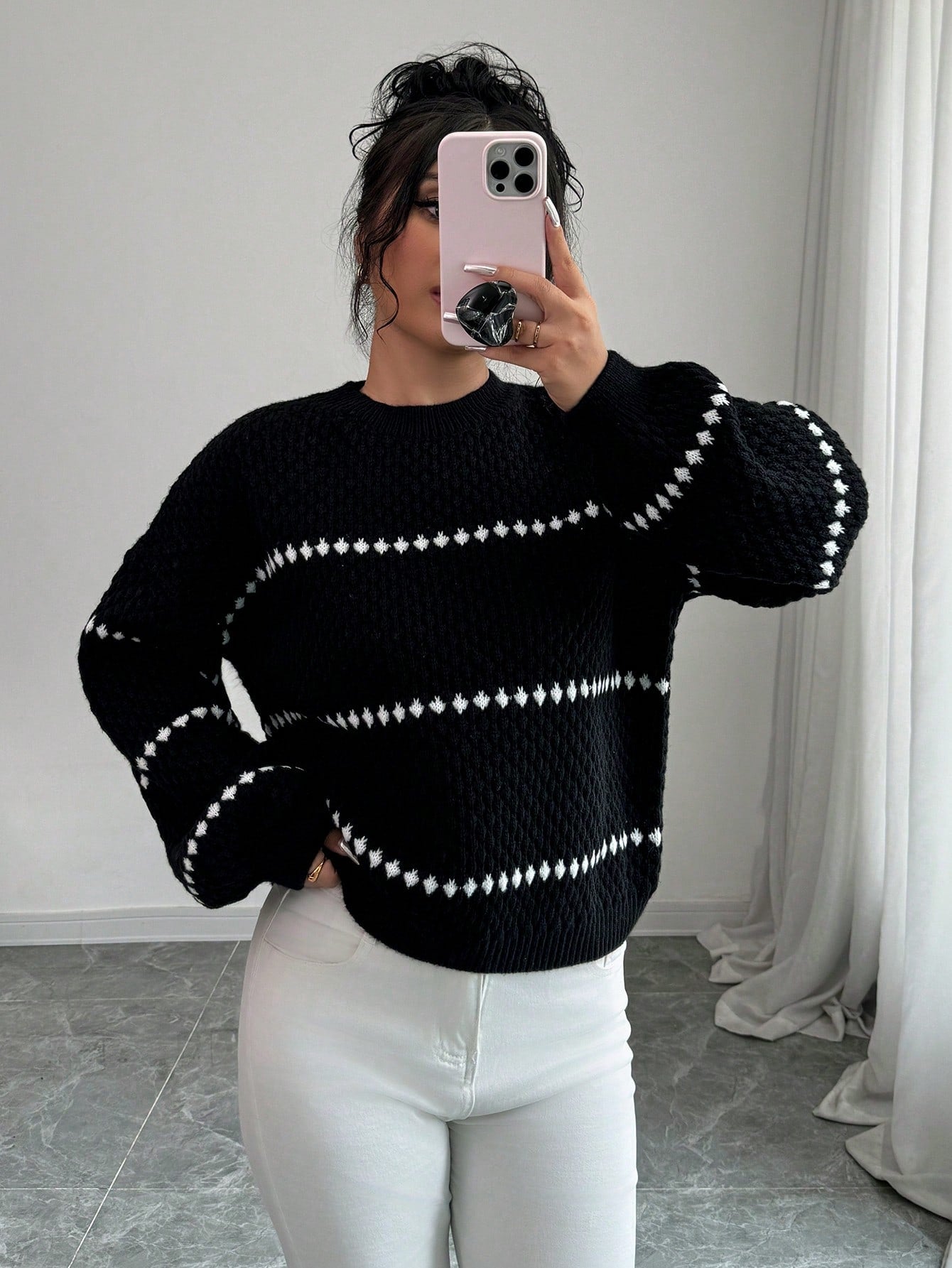 Shein Chiquease Loose Striped Print Crew Neck Casual Long Sleeve Women Sweater Knit Pullover