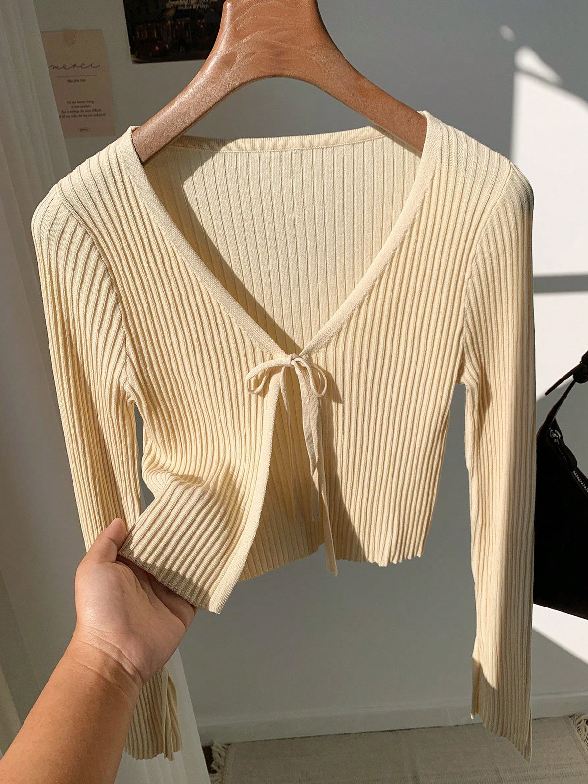 Solid Color Long Sleeve Front Tie Knitted Cardigan