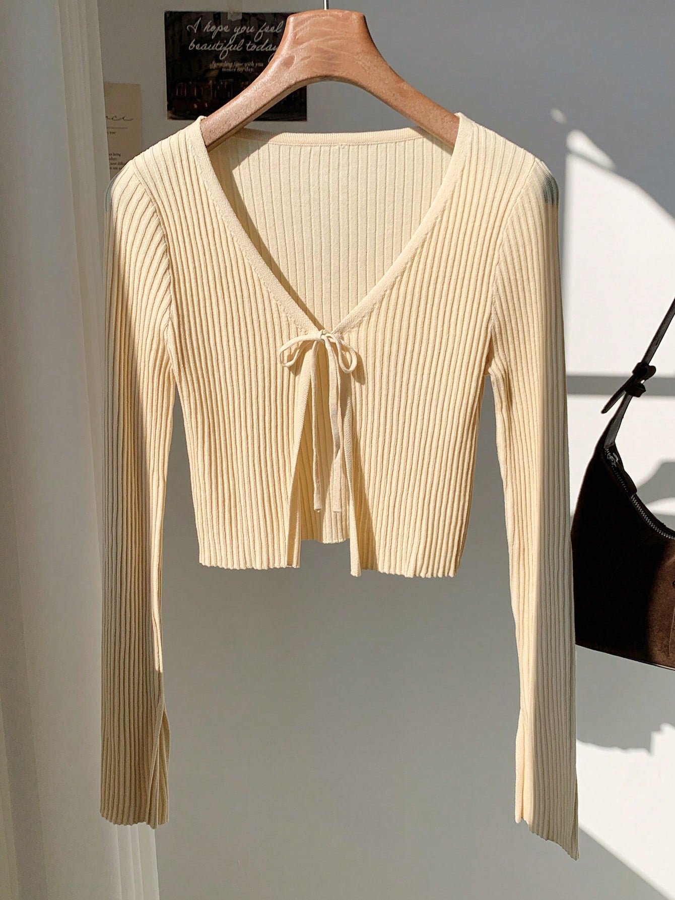 Solid Color Long Sleeve Front Tie Knitted Cardigan