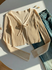 Solid Color Long Sleeve Front Tie Knitted Cardigan