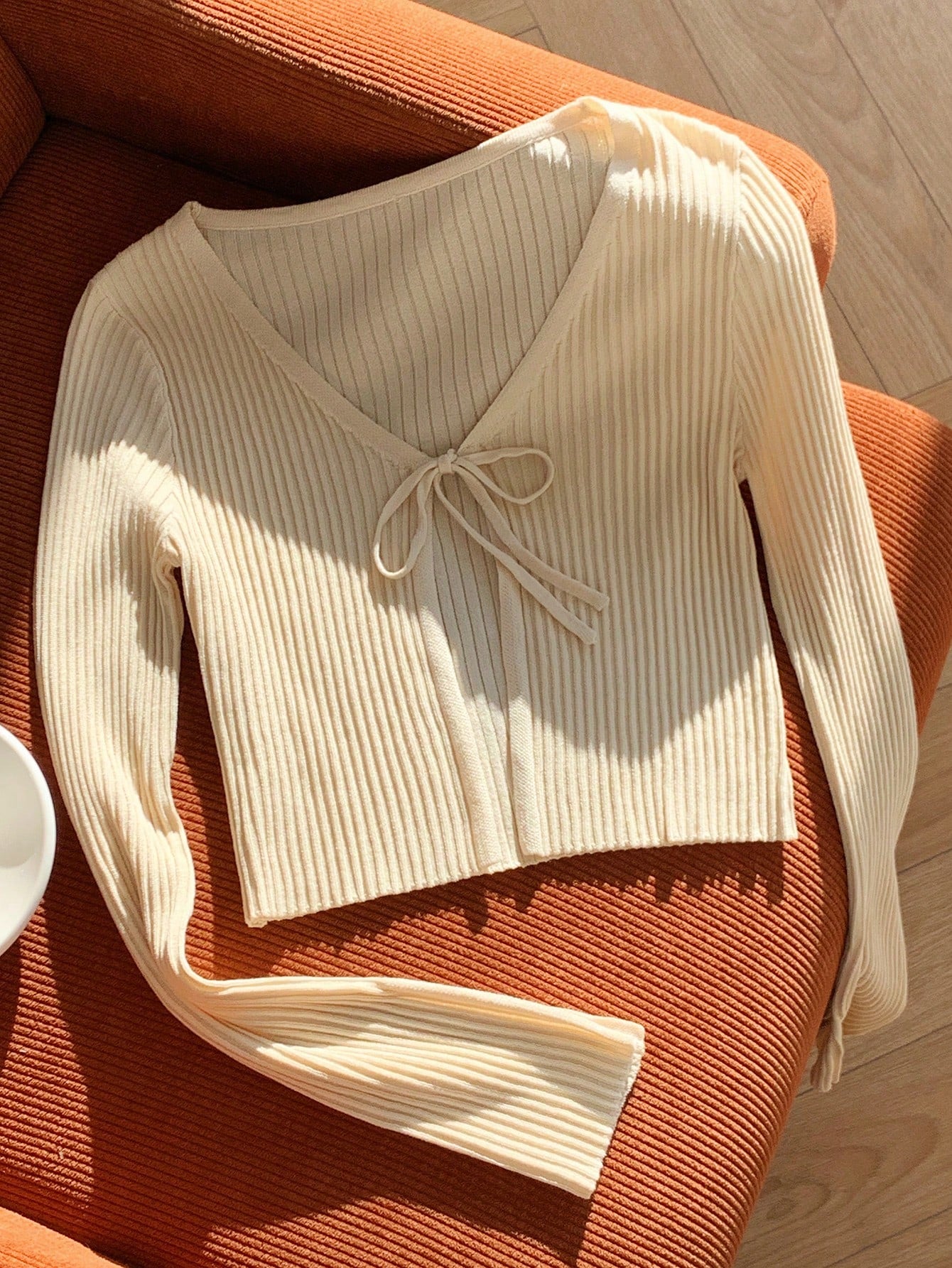 Solid Color Long Sleeve Front Tie Knitted Cardigan