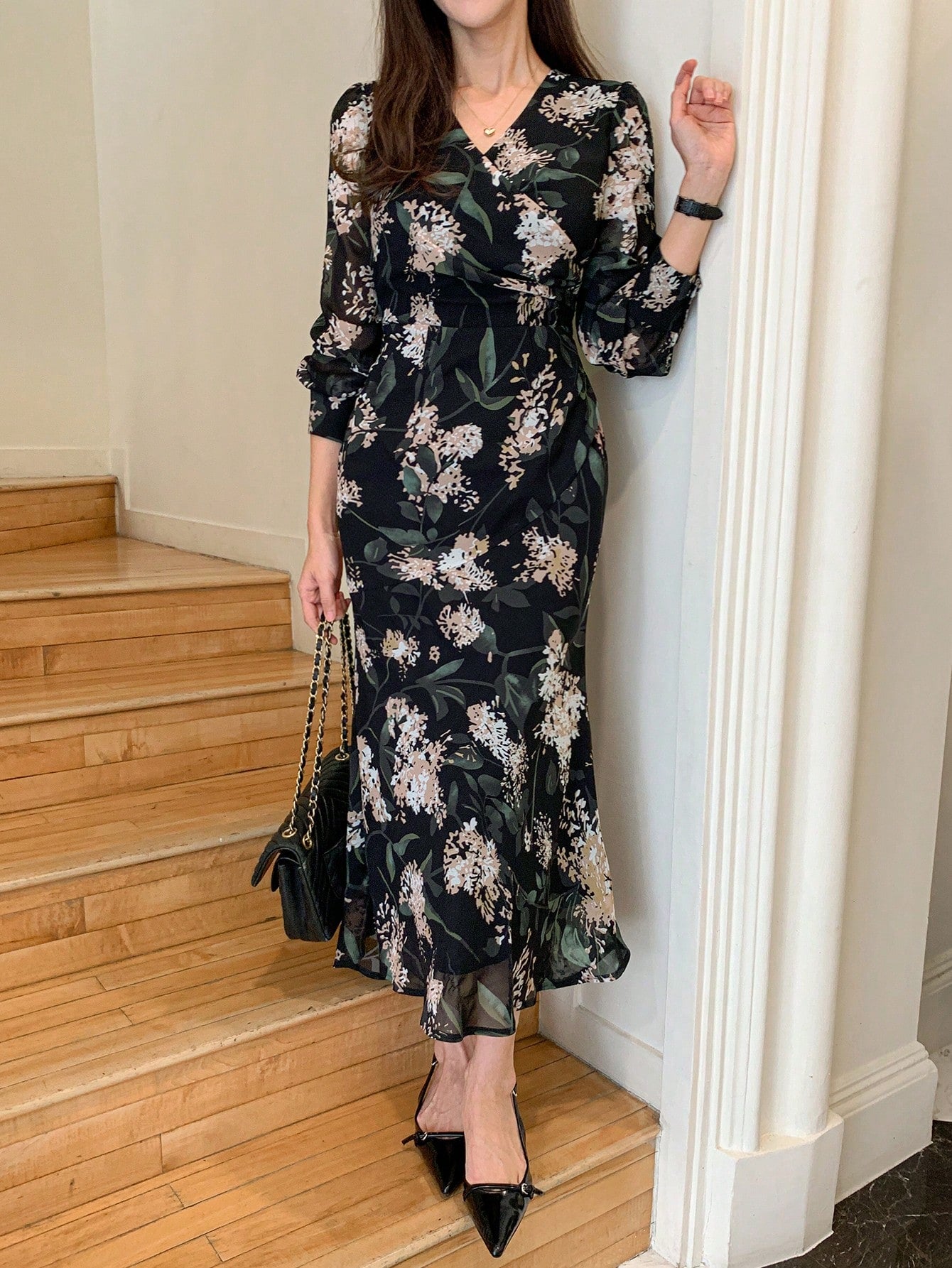 Shein DAZY French Retro V-Neck Chiffon Cinched Waist Waist Luxurious Style Women Long Dress Floral