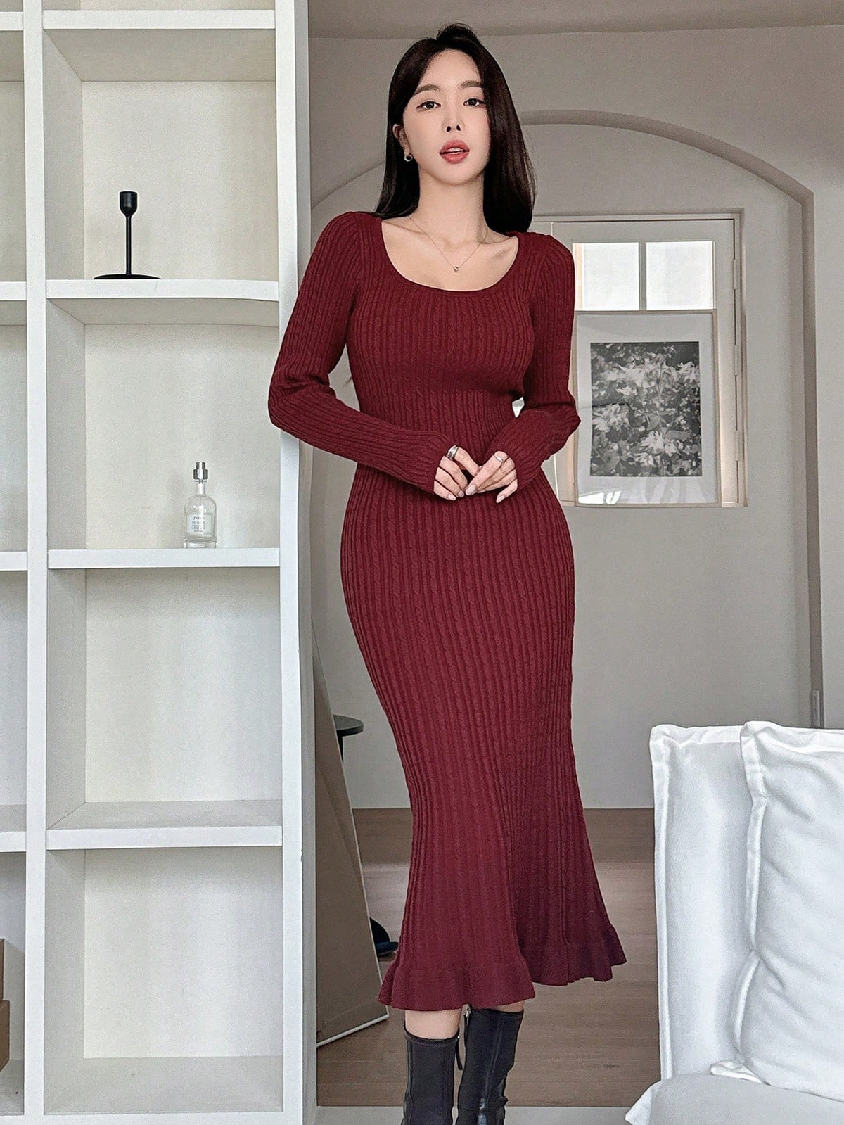 Shein DAZY 1pc Women Casual Solid Color Fitted Cable Knit Sweater Dress