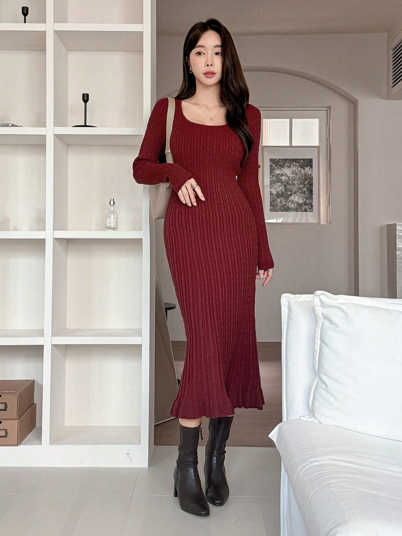 Shein DAZY 1pc Women Casual Solid Color Fitted Cable Knit Sweater Dress