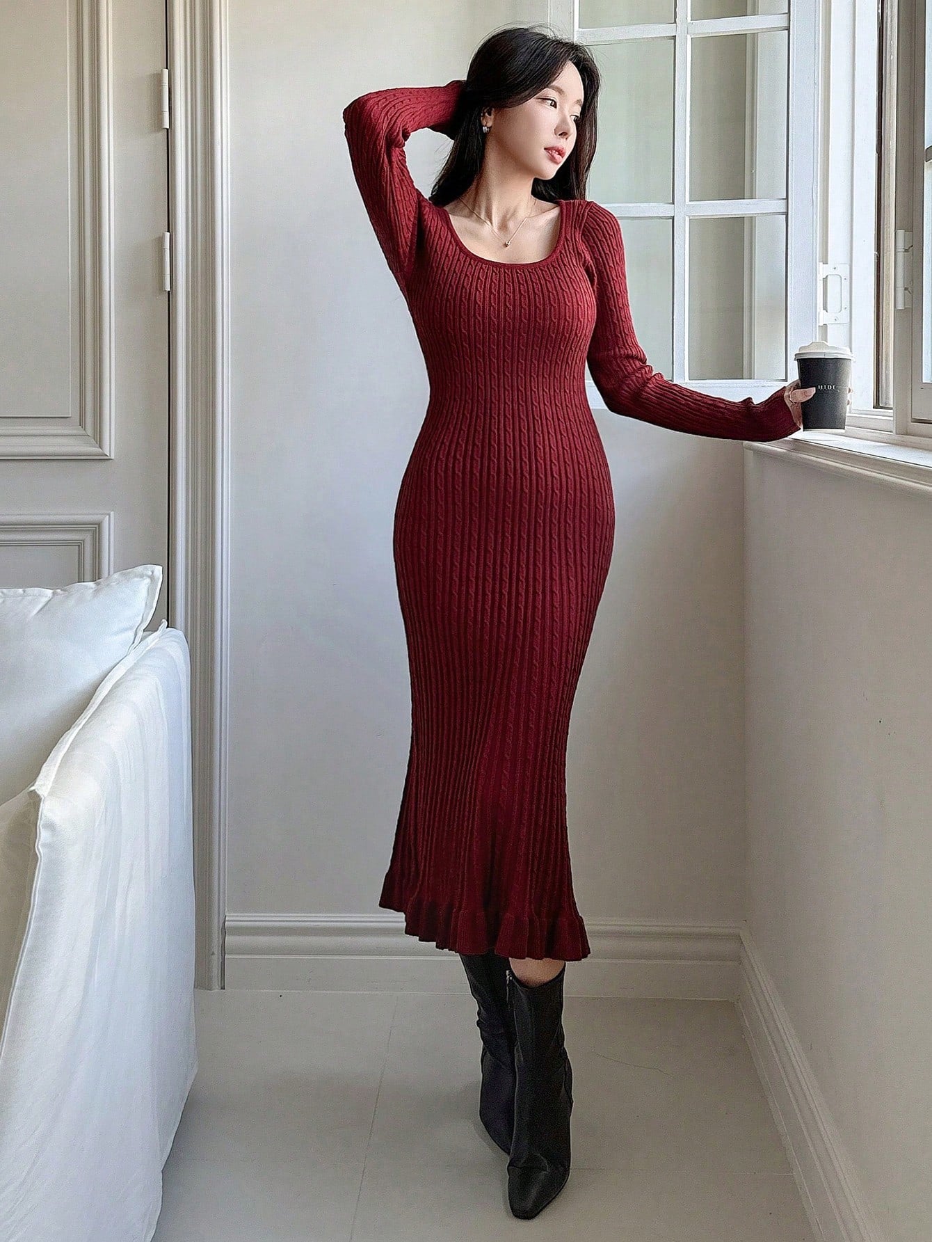 Shein DAZY 1pc Women Casual Solid Color Fitted Cable Knit Sweater Dress
