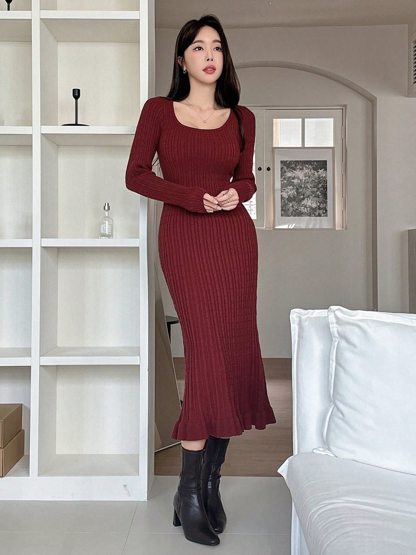 Shein DAZY 1pc Women Casual Solid Color Fitted Cable Knit Sweater Dress