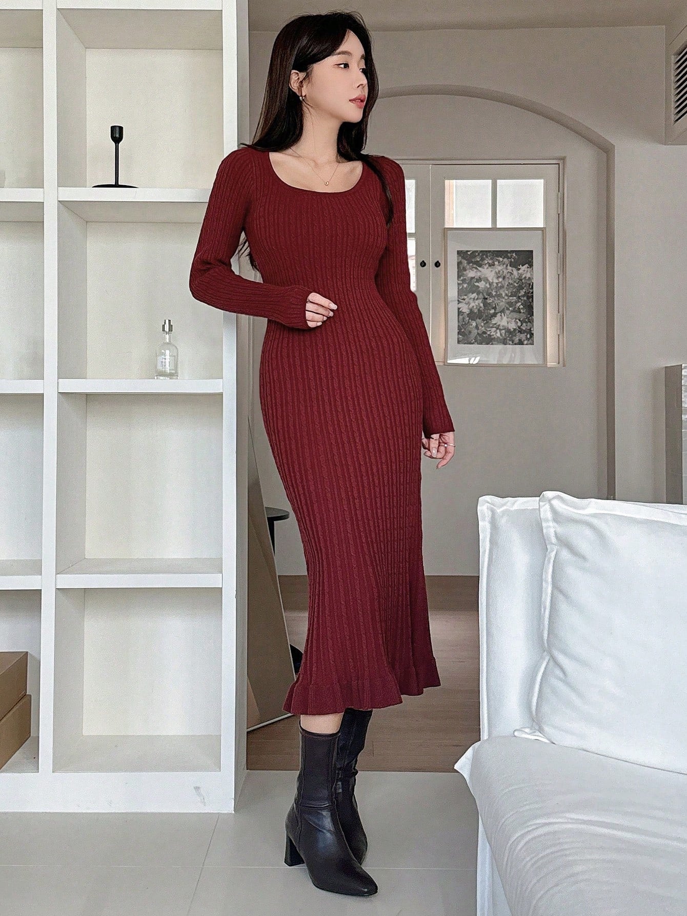 Shein DAZY 1pc Women Casual Solid Color Fitted Cable Knit Sweater Dress