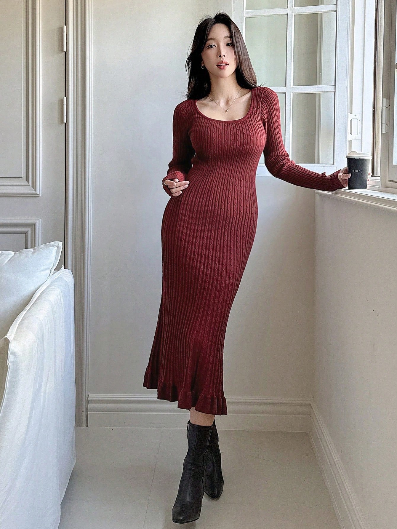 Shein DAZY 1pc Women Casual Solid Color Fitted Cable Knit Sweater Dress