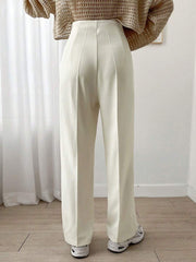 1pc Women Casual Solid Color Straight Leg Zipper Stretch Pants